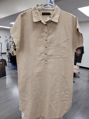 UNITED BY BLUE Tan/Gravel Striped Organic Hemp/Cotton Pullover Shirt Dress